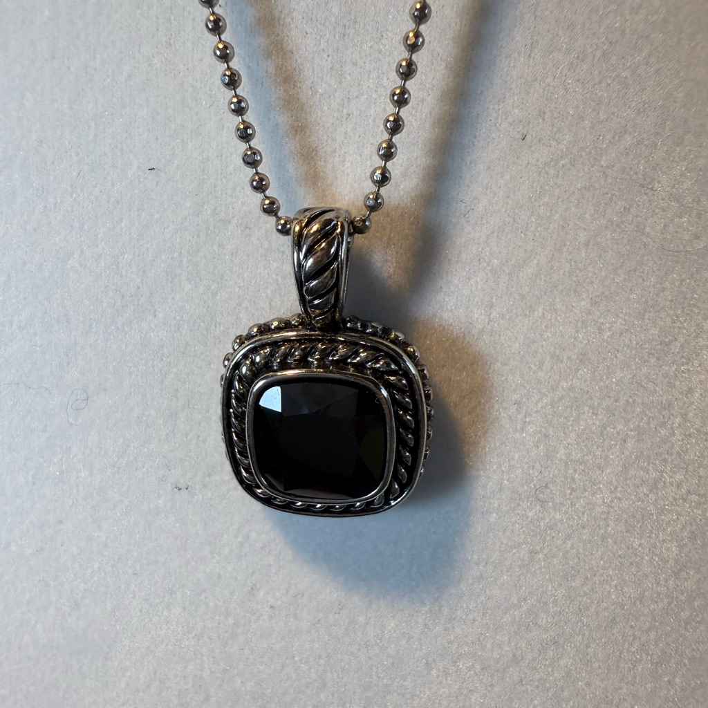 Silver Tone Pendant Necklace With Dark Stone, Purple? Silver Tone Bead Necklace